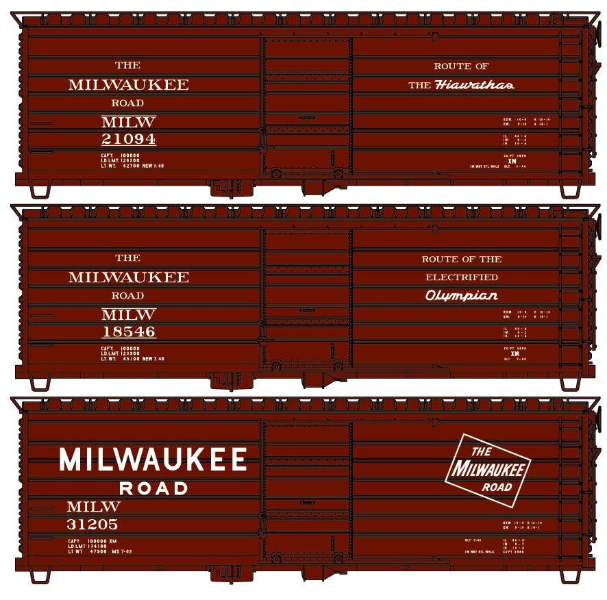 Three model train cars with 'The Milwaukee Road' branding on a white background