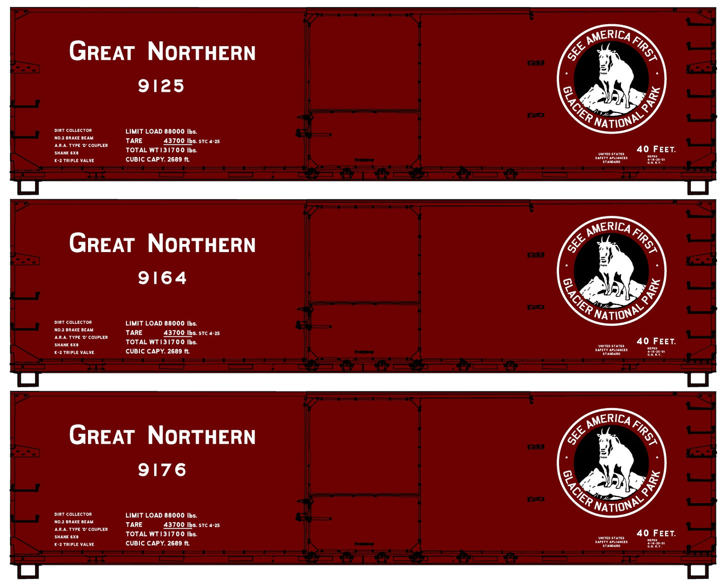 3-Car Set of Great Northern wood boxcars with Glacier National Park logo.