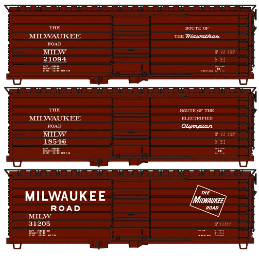 Three model train cars with 'The Milwaukee Road' branding on a white background