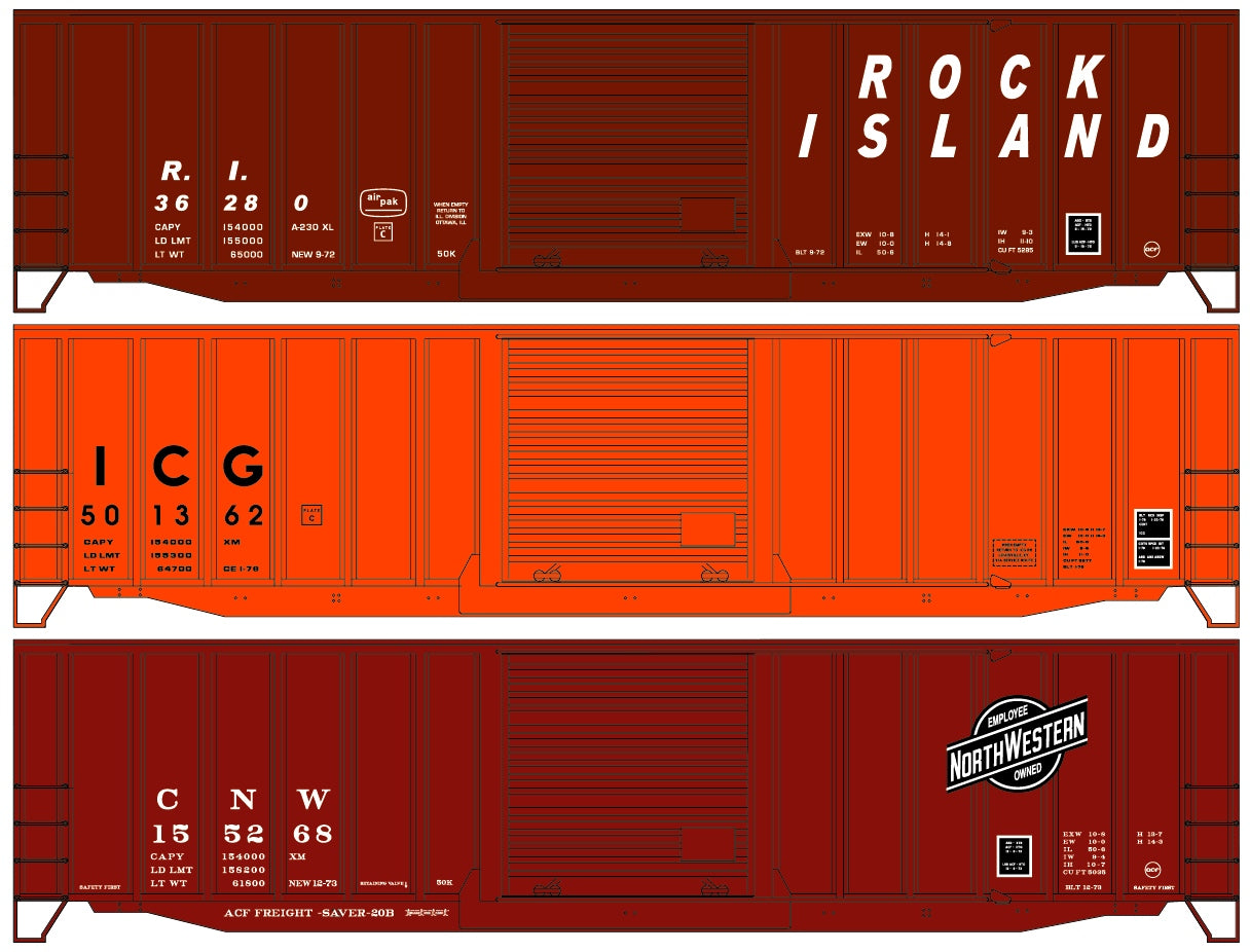 8188 Rock Island, ICG, C&NW 3-Car Set 50' Exterior Post Steel Boxcars