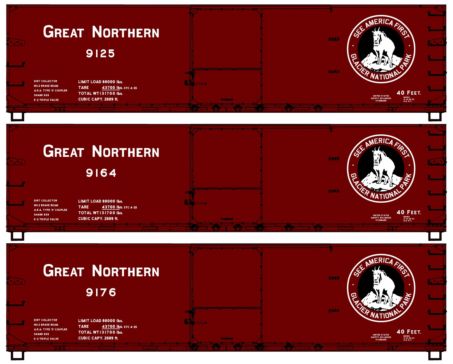3-Car Set of Great Northern wood boxcars with Glacier National Park logo.